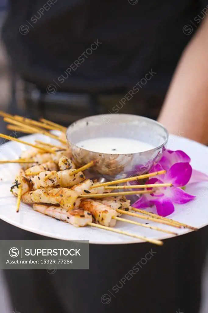 A Platter of Shrimp Skewers with a Yogurt Dip, 12/9/2013
