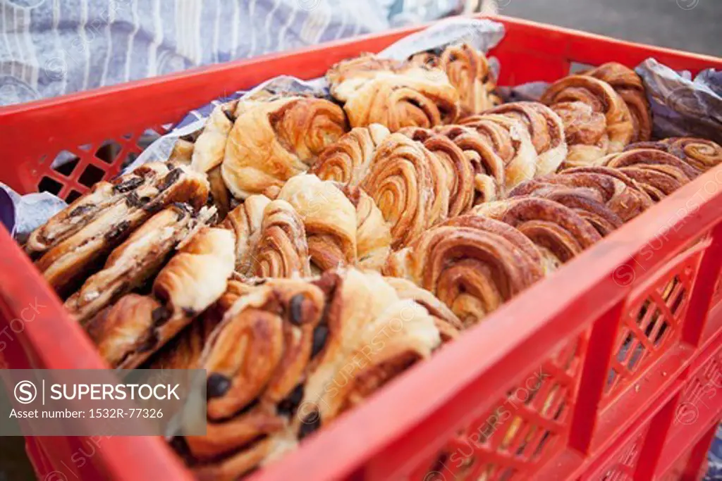 A crate of Danish pastries at a bakery, 12/9/2013