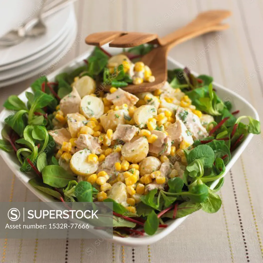 Potato salad with chicken, sweetcorn and lamb's lettuce, 1/6/2014