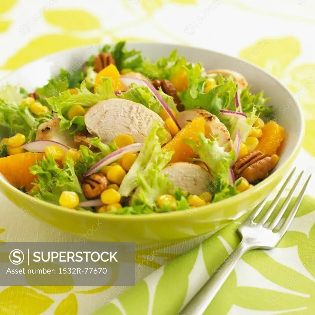 Lollo biondo lettuce with chicken oranges, sweetcorn and pecan nuts, 1/6/2014