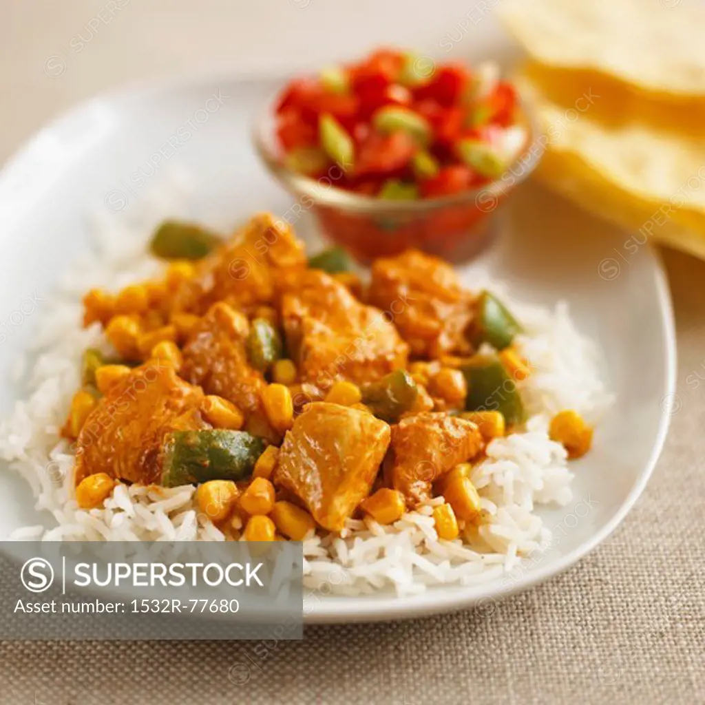 Chicken curry with sweetcorn and peppers on a bed of rice, 1/6/2014
