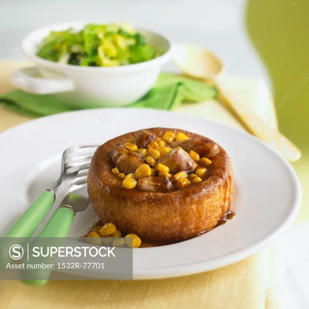 Yorkshire pudding filled with sausage pieces and sweetcorn (England), 1/6/2014
