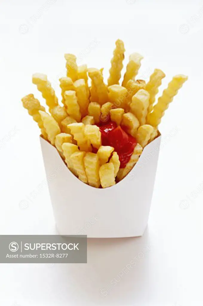 Crinkle Cut French Fries in a White Box with Ketchup