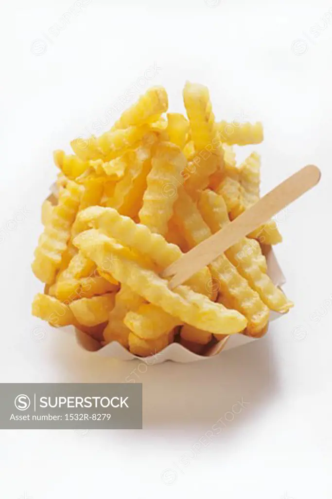 Crinkle Cut French Fries in a Carton with Wooden Fork