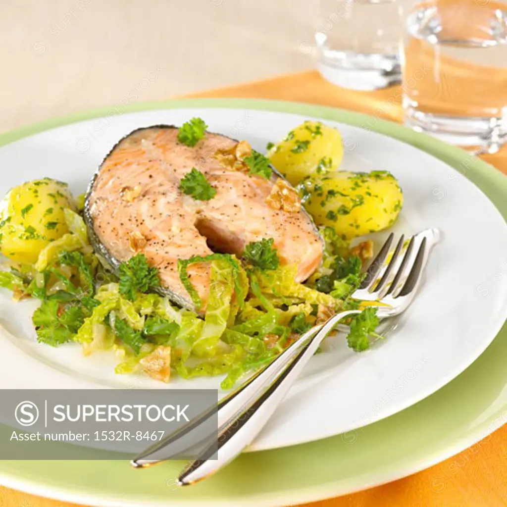 Salmon cutlet with parsley potatoes and savoy