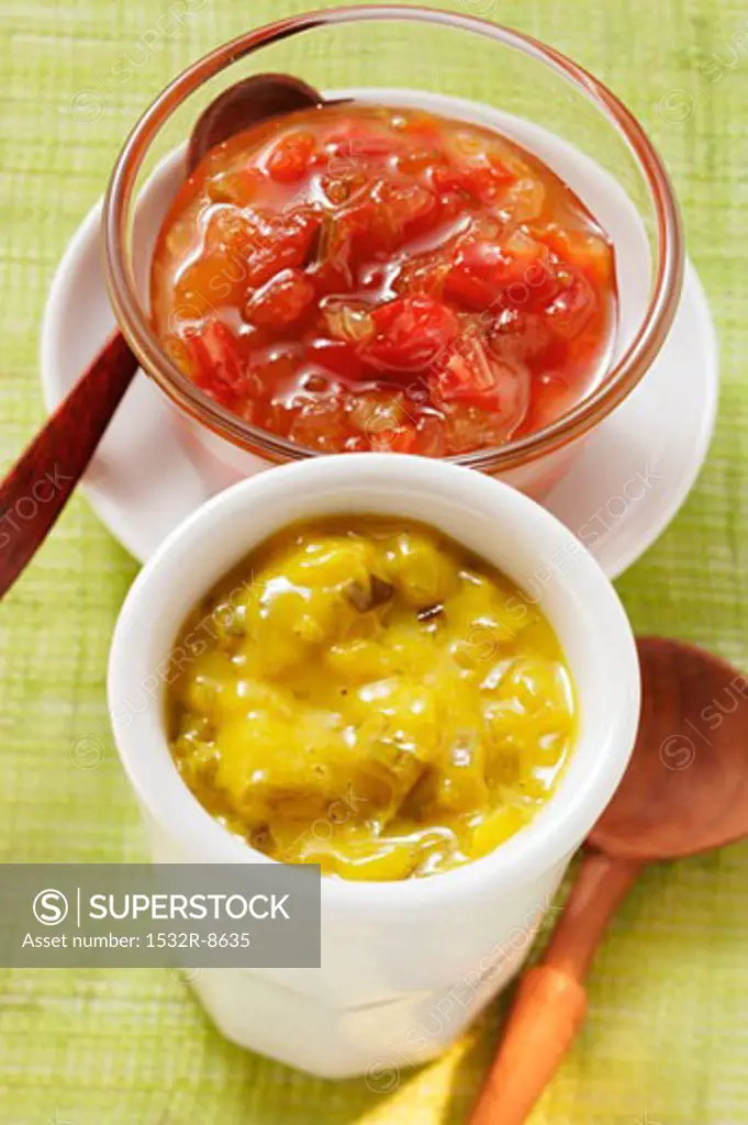 Mustard relish and pepper relish in small bowls