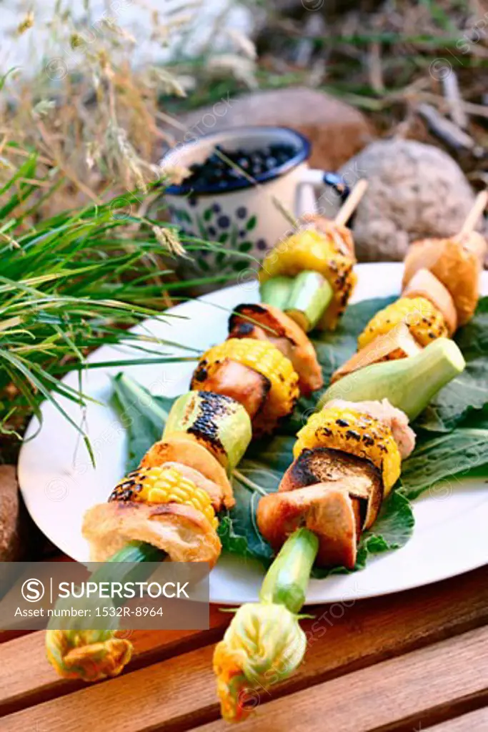Grilled turkey kebabs with sweetcorn & vegetables in open air