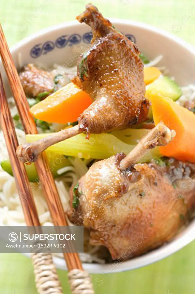 Roast pigeon with vegetables on noodles (Asia)