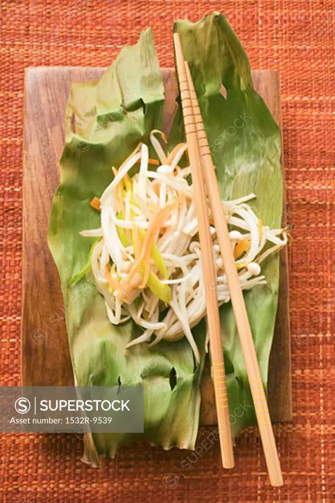 Soya sprouts on banana leaf