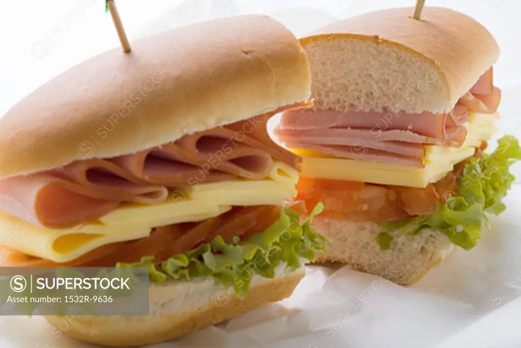 Sub sandwich, halved, on sandwich wrap