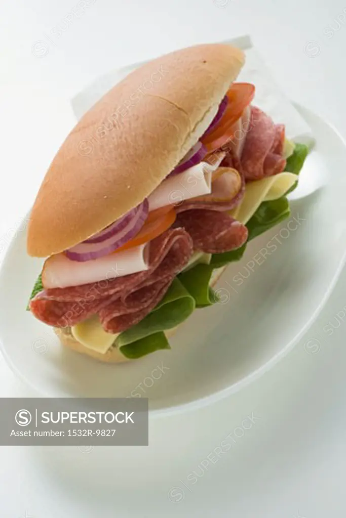 Salami, ham, cheese and salad sandwich on plate