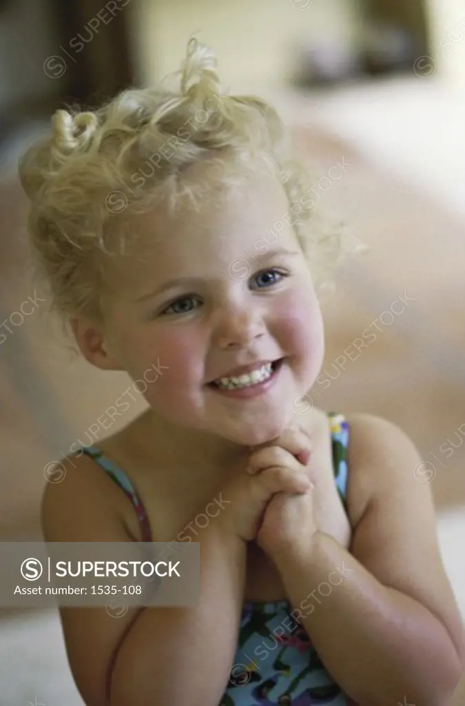 High angle view of a girl smiling