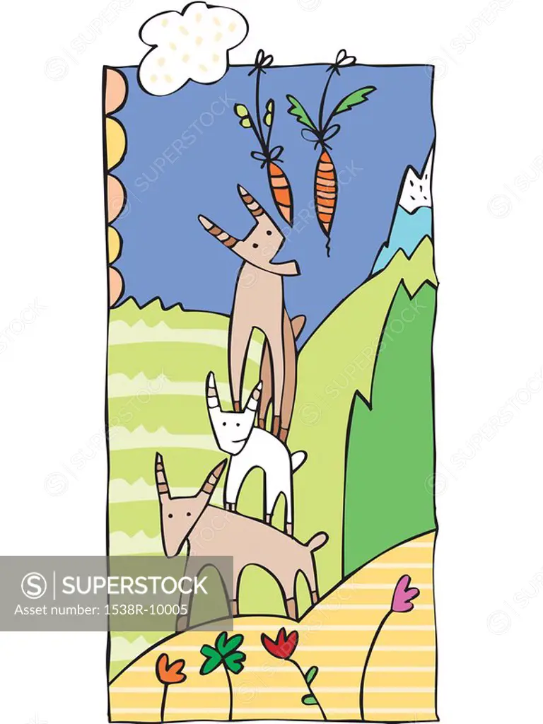 Three animals helping each other reach a dangling carrot
