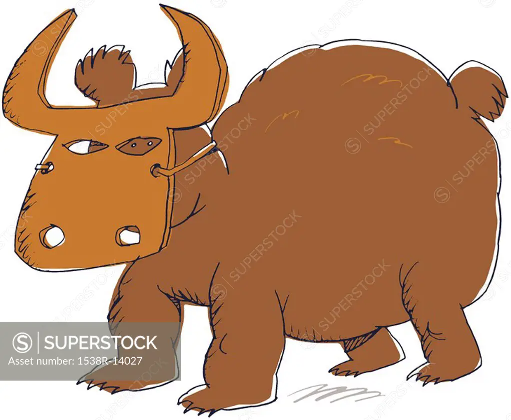 A drawing of a bear wearing bull mask