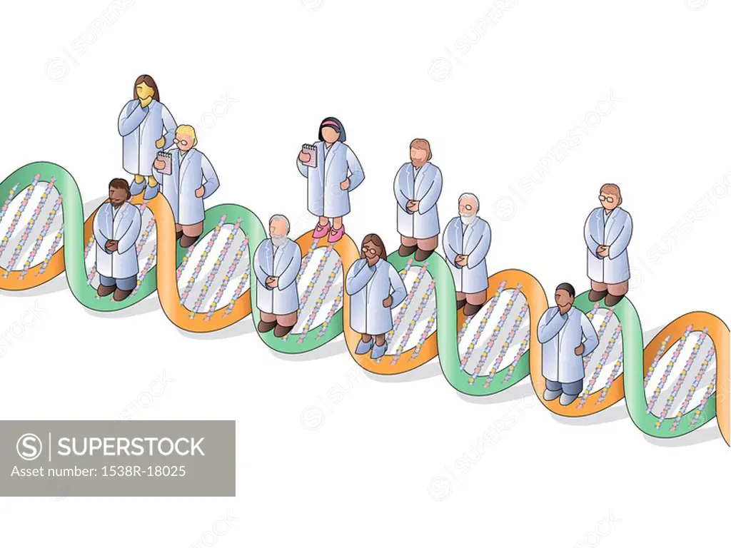 doctors standing on a dna strand