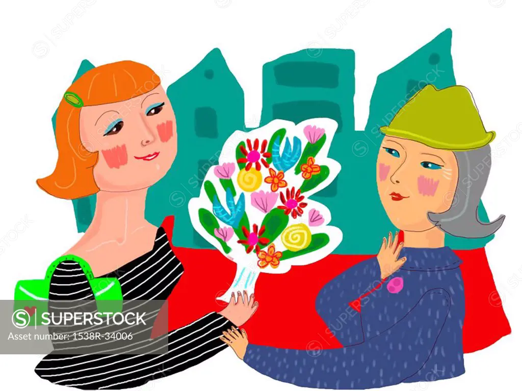 A woman giving a senior a bouquet of flowers