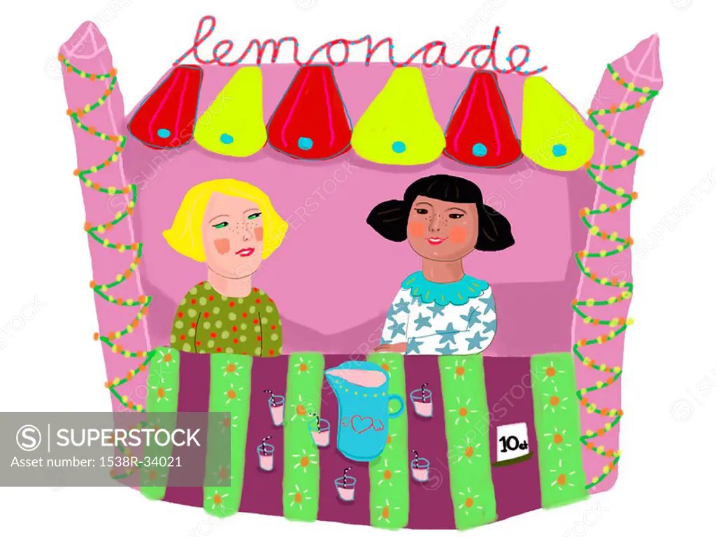 Two girls selling drinks at the lemonade stand