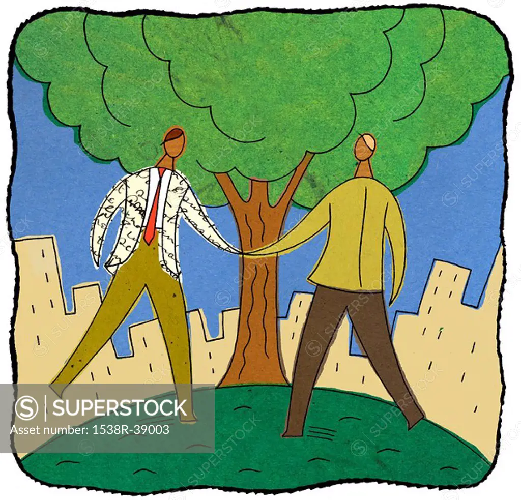 Two businessmen shaking hands under a tree