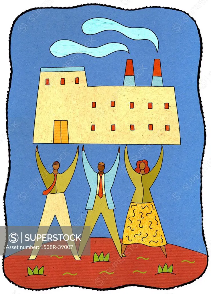 Three people holding up a building