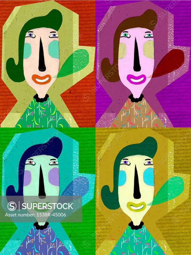 Woman with speech bubble in four colorful squares