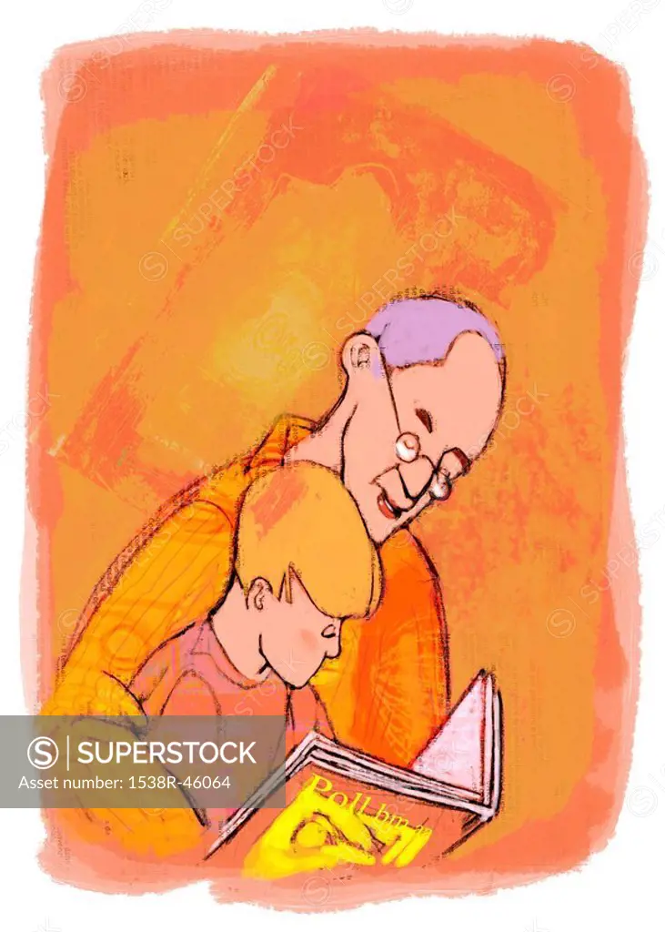 A grandfather and grandson reading a book