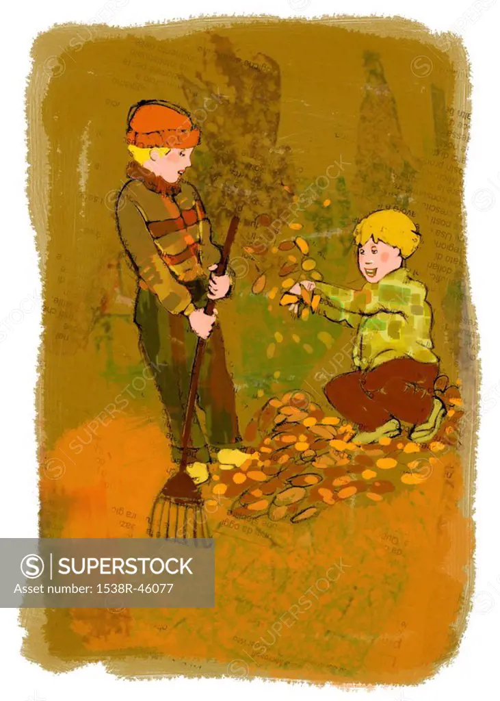 Two kids raking fallen leaves in the garden