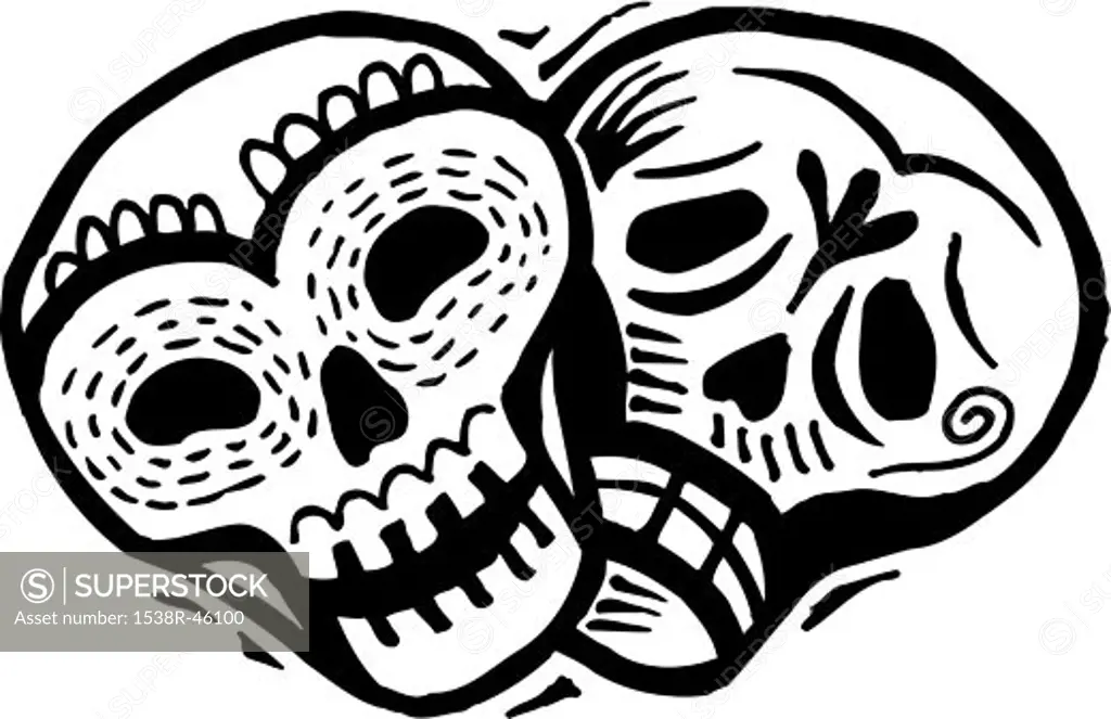 A black and white drawing of two skulls with happy and sad expressions
