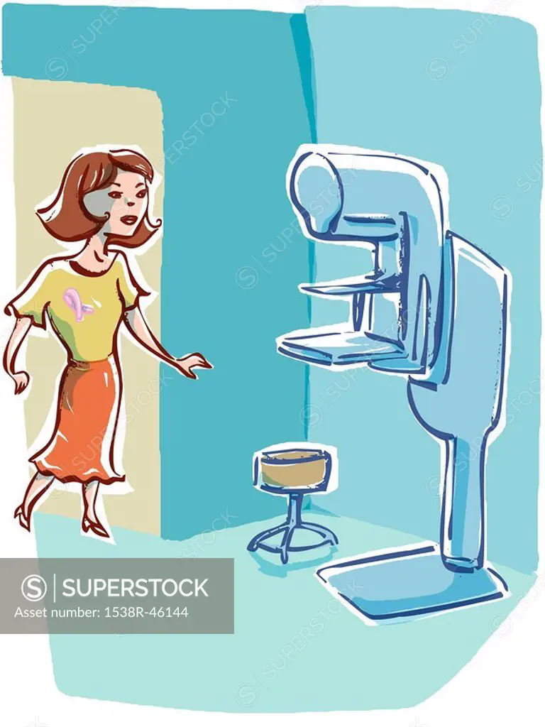 Woman approaching a mammography machine