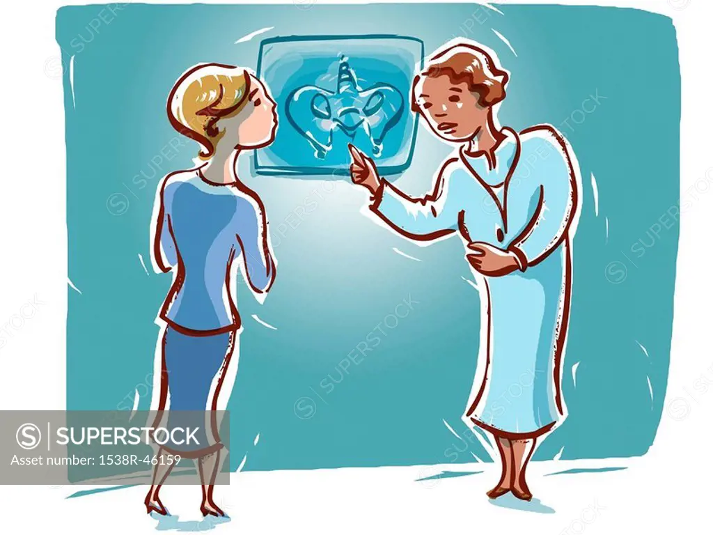 A gynecologist discussing a pelvic xray with a patient
