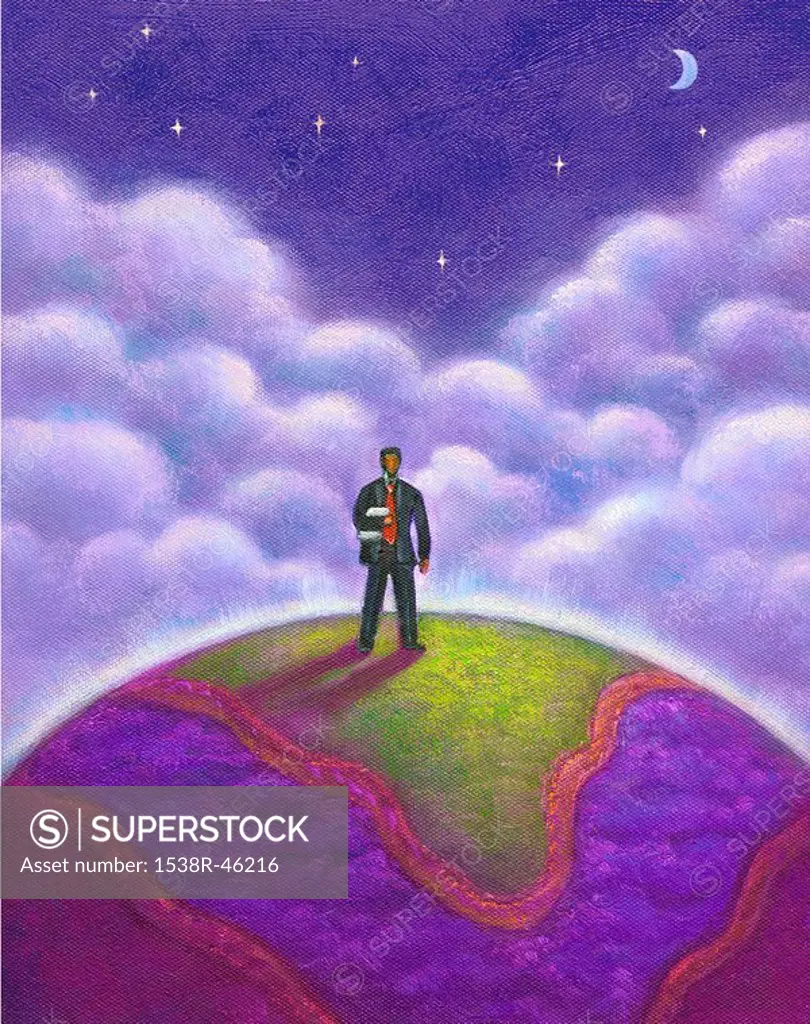 A man standing on the earth surface under a starry sky