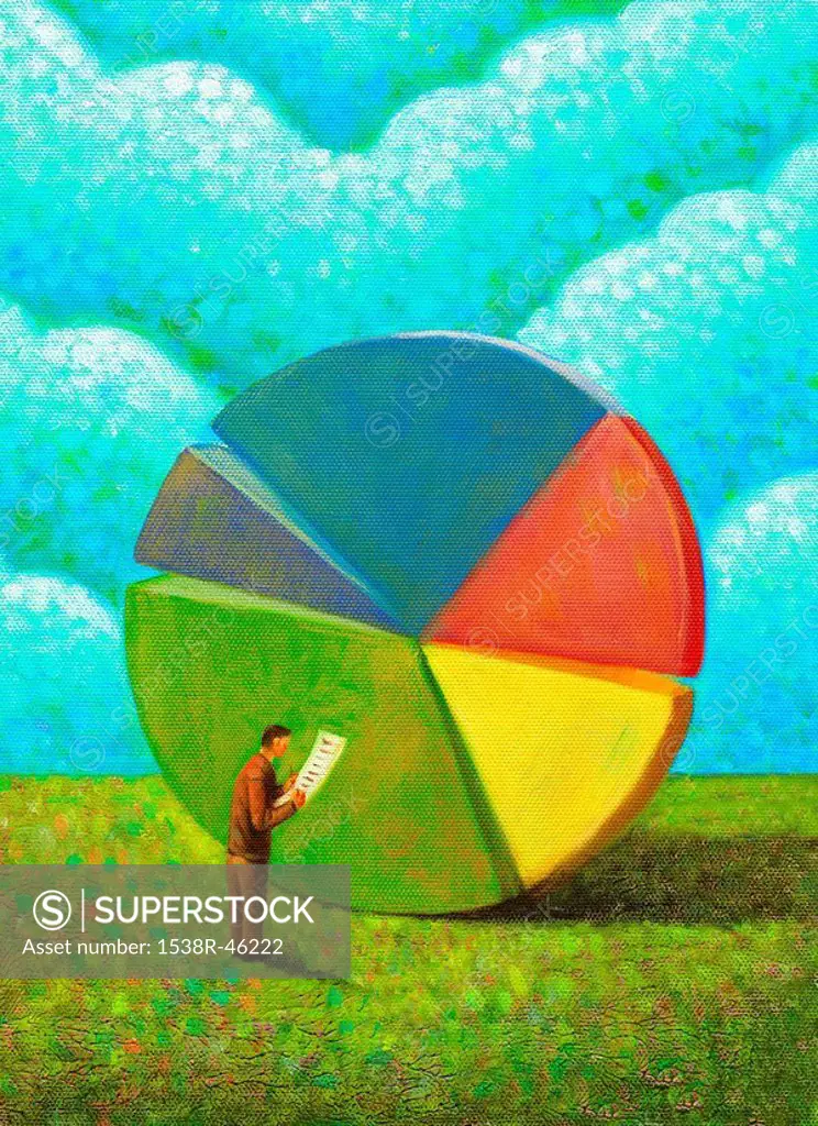 A businessman looking at a pie chart