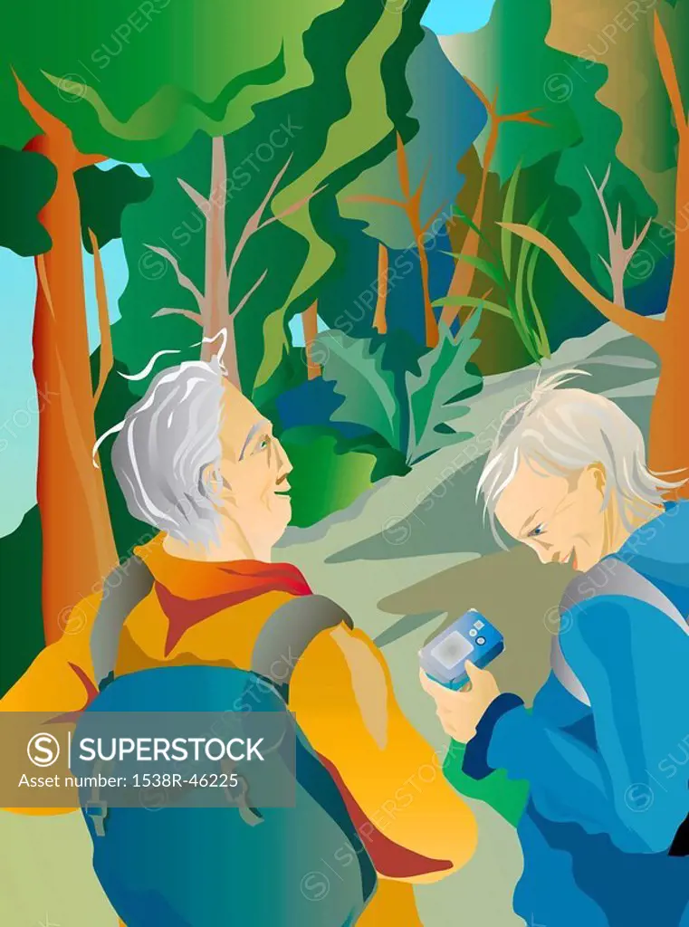 An illustration of two seniors hiking together