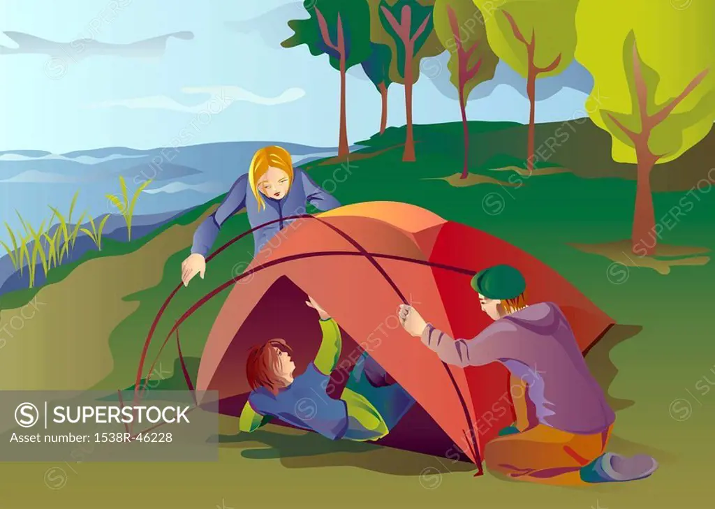 An illustration of a group of friends setting up a tent