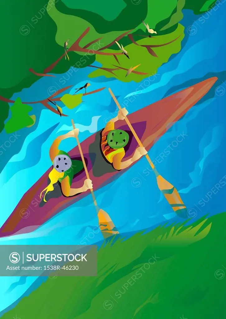 A drawing of two people kayaking against the rapids