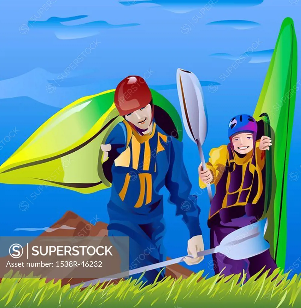 An illustration of two friends portaging their kayaks