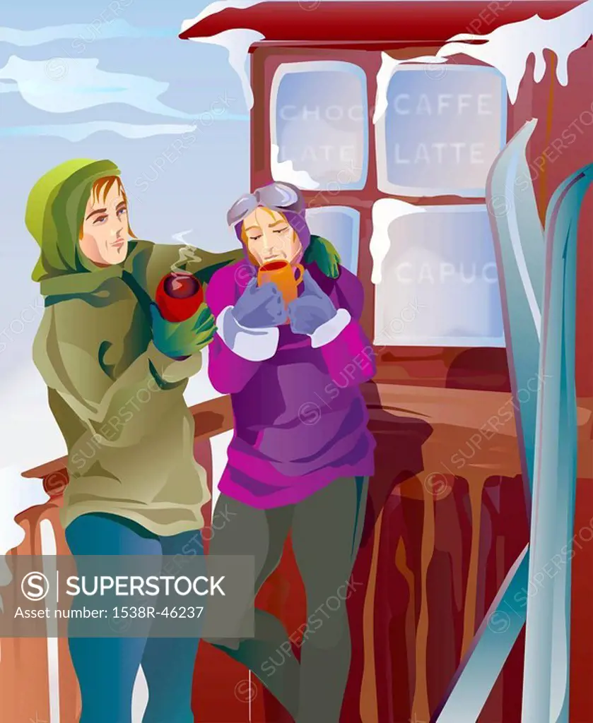 An illustration of a couple enjoying hot beverages at apres ski