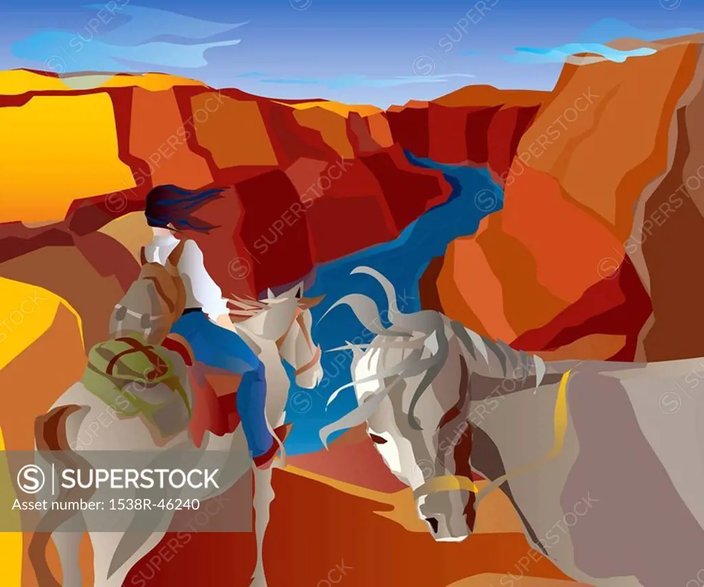 An illustration of a woman horseback riding