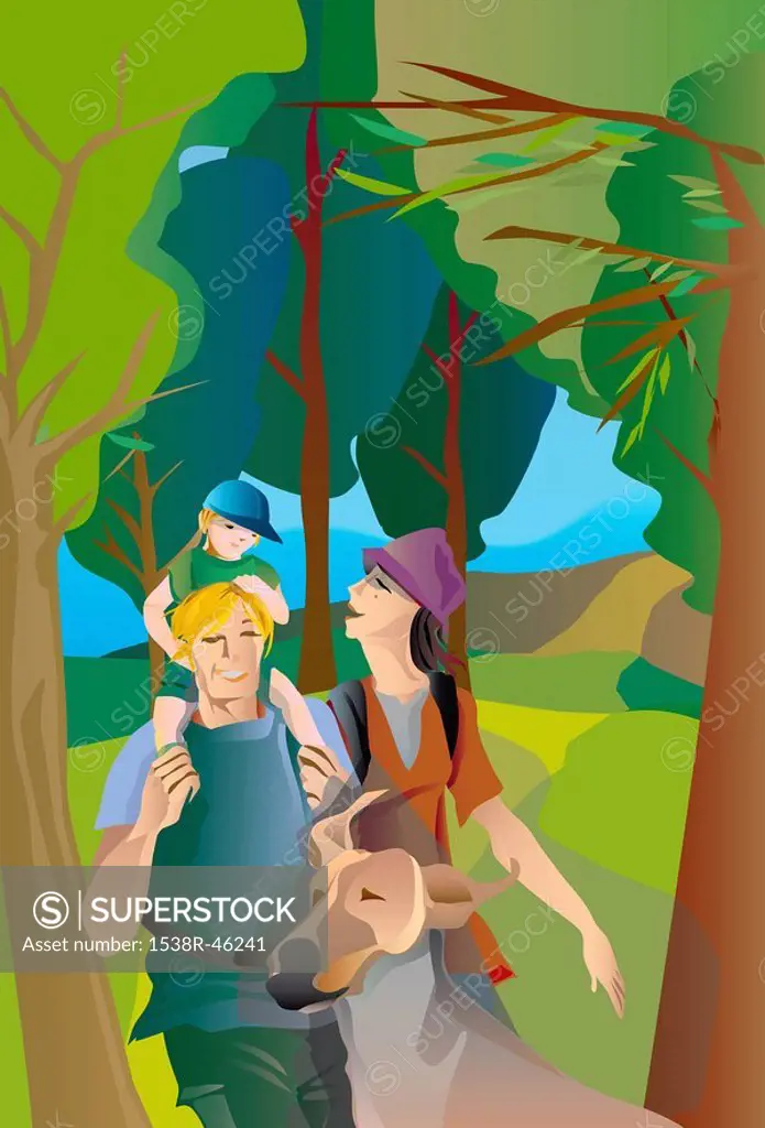 An illustration of a family walking in a park
