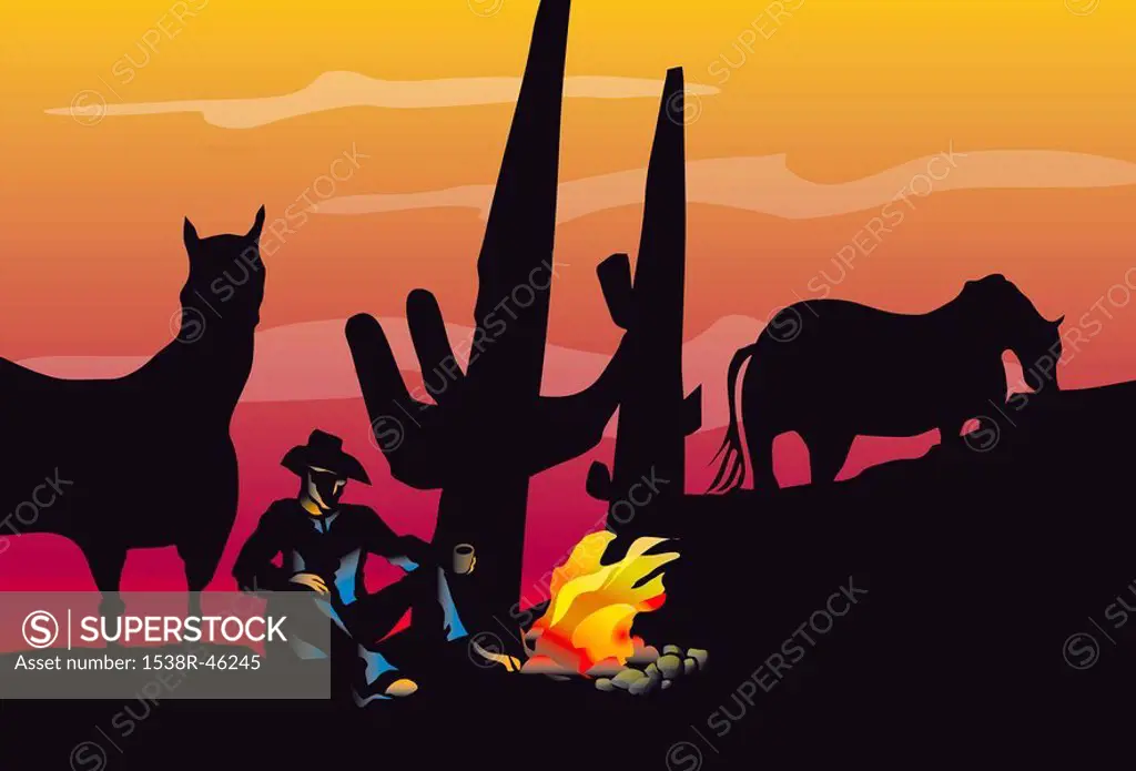 A drawing of a cowboy by the campfire in the desert