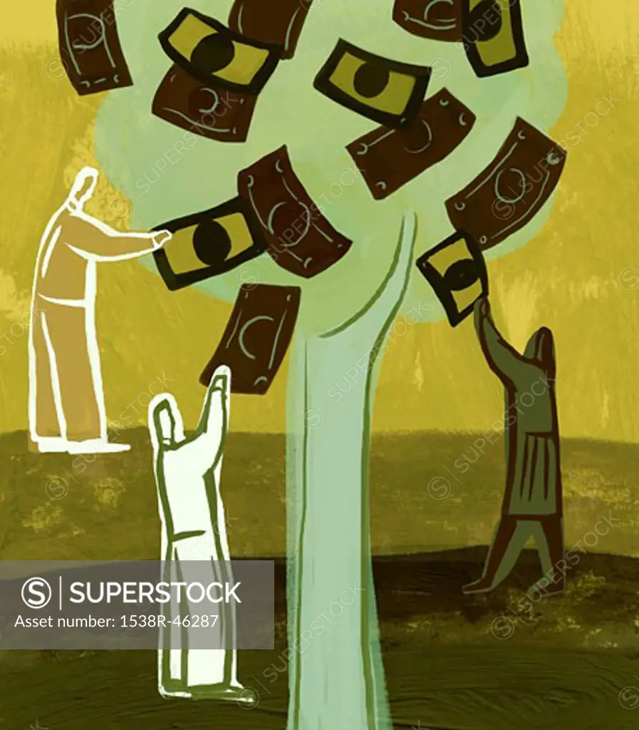 An illustration of people picking money from a tree