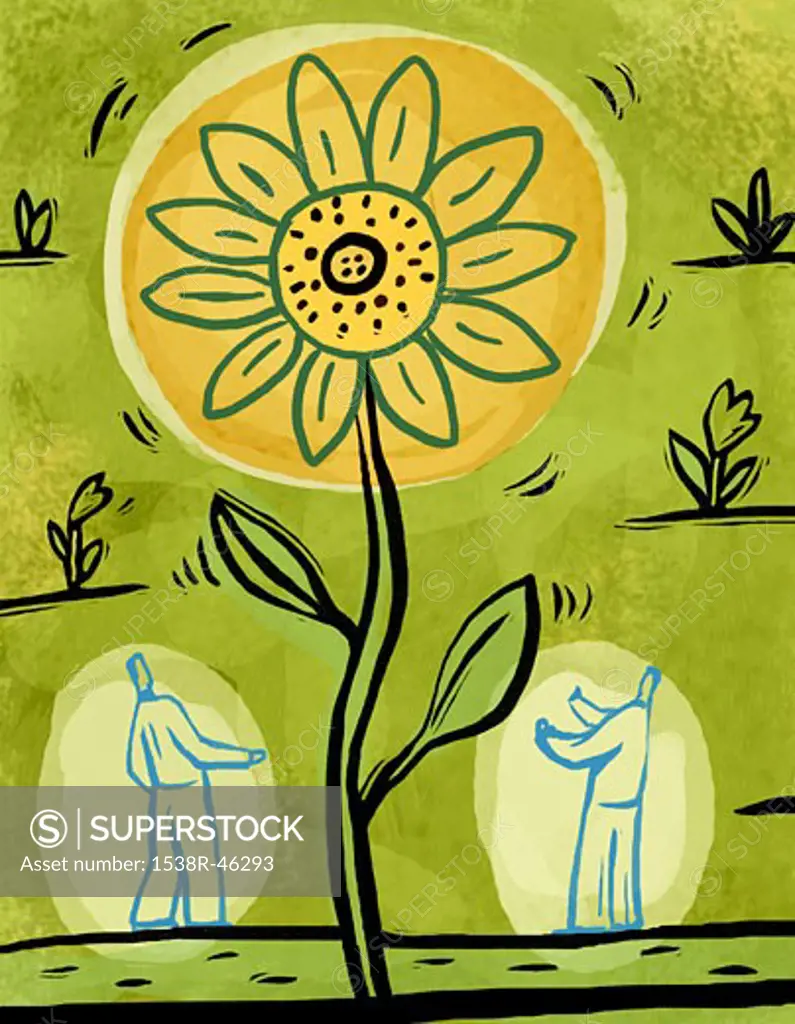 An illustration of two people admiring a large sunflower