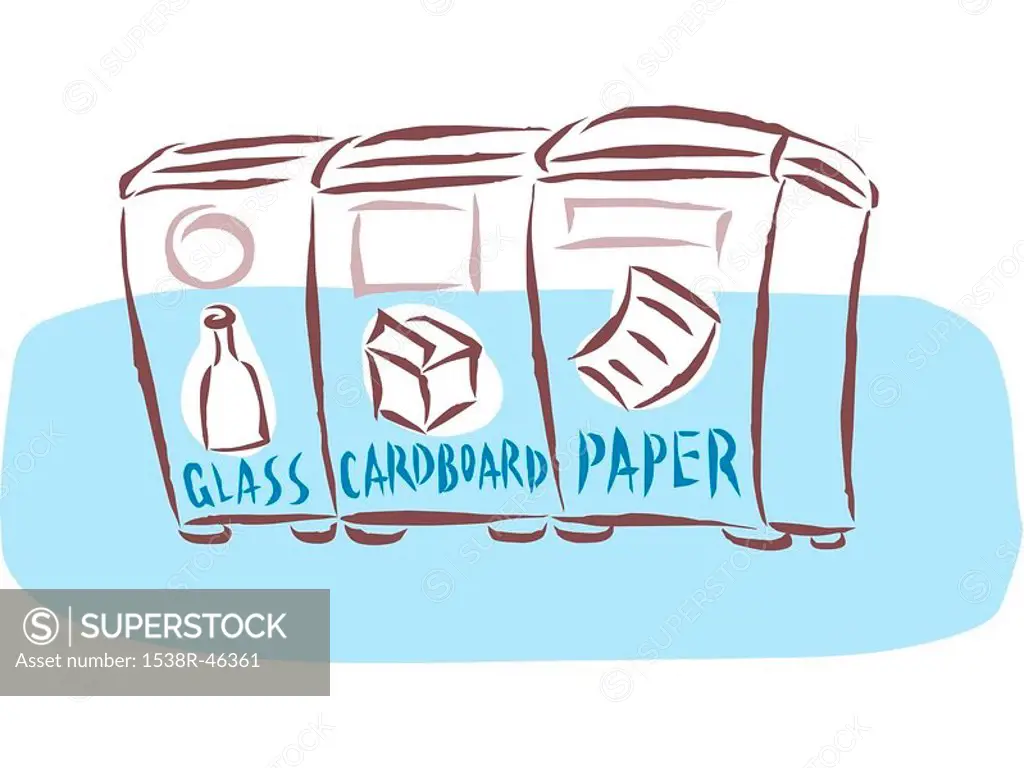 The glass, cardboard and paper recycling bins