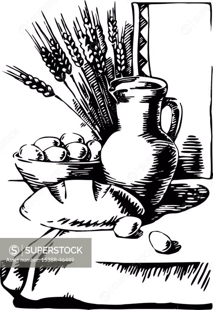 Still life with eggs, bread, and a pitcher, black and white