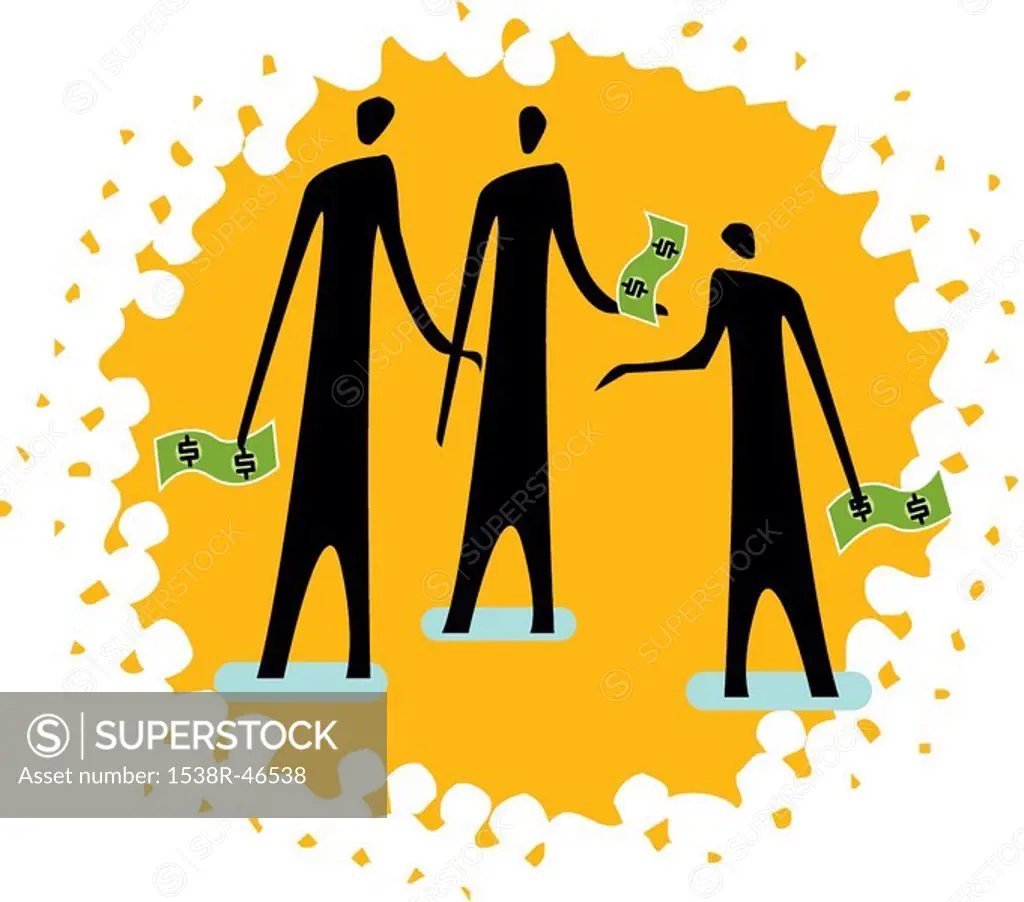 An image of three people holding money on yellow background