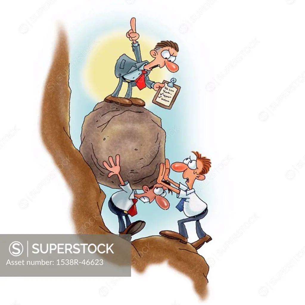 Two businessmen struggling to push a boulder uphill while their boss ordering them