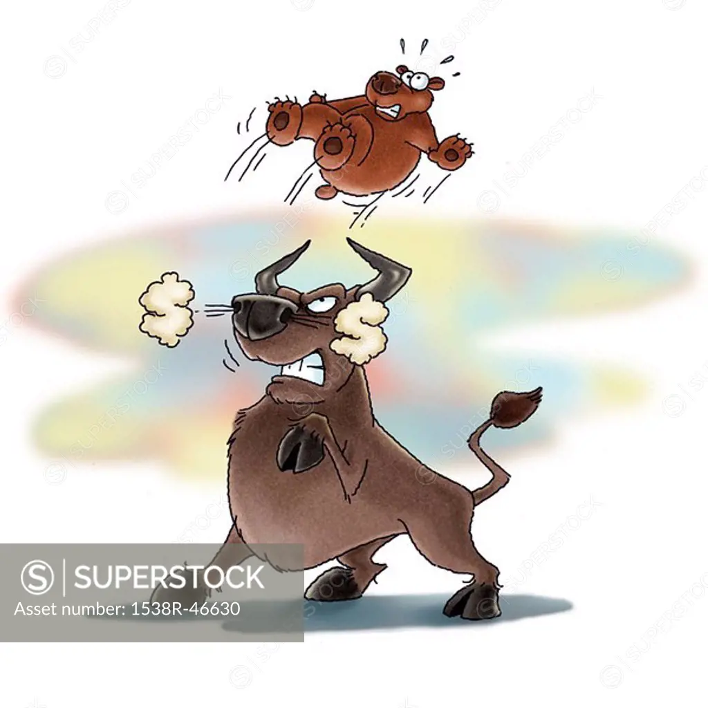 A bull throwing a bear over its shoulder
