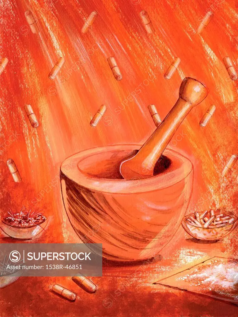 Mortar and pestle and pills,red background