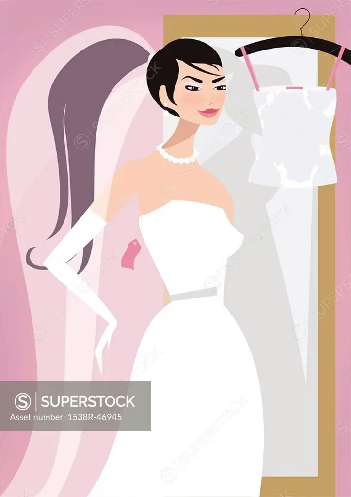 A woman trying on bridal gowns
