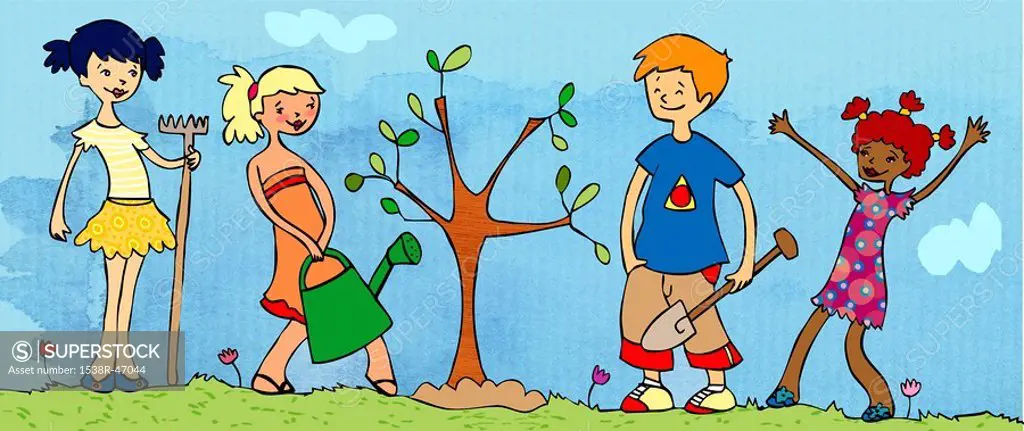 A group kids planting trees