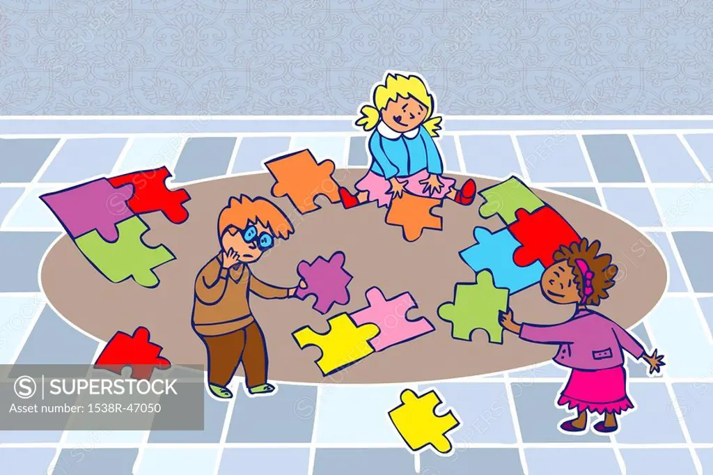 A group of kids putting together a puzzle